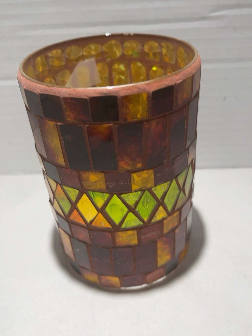 Mosaic Stained Glass Candle Holder Amber Brown Green Votive Boho Decor 6”